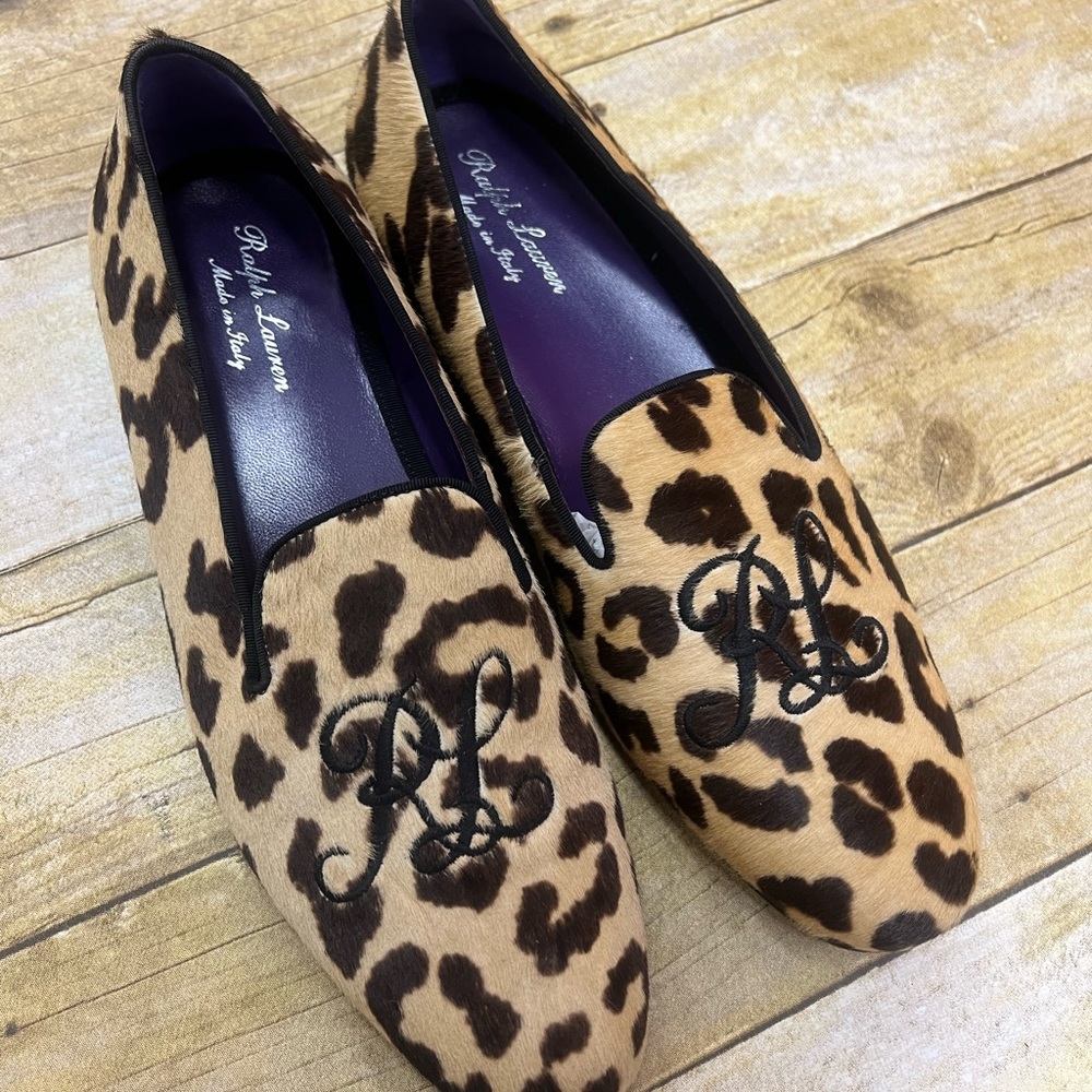 Ralph Lauren Tan Leopard Print Calfhair Smoking Slippers with Black Monogram
